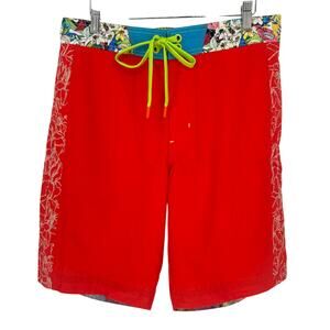 Robert Graham Men's Swim Shorts MACPHERSON Solid Red with Rainbow Floral 32
